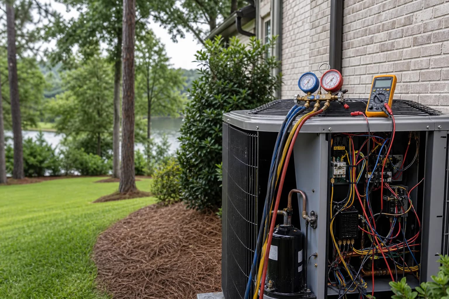 Air Solutions technician diagnosing a residential air-conditioning condenser at a Daphne, Alabama home, illustrating "Loc vs Nation HVAC: The Baldwin County Reality"