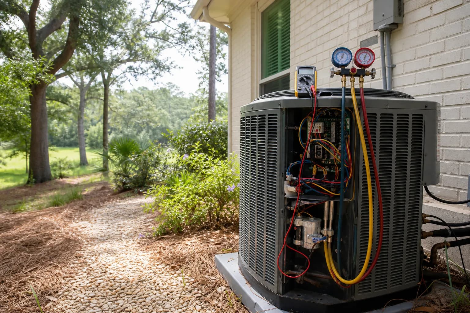 Air Solutions technician diagnosing a residential air-conditioning condenser at a Lillian, Alabama home, illustrating "Loud AC Noises Decoded: A Homeowner's Sound Identification Guide"