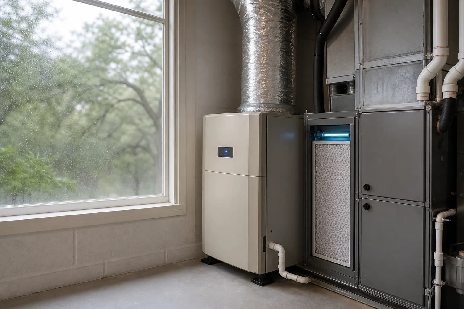 Air Solutions technician installing whole-home air-quality equipment on an air handler at a Bay Minette, Alabama home, illustrating "MERV 11 vs MERV 13 Spring Pollen: An Honest Comparison"