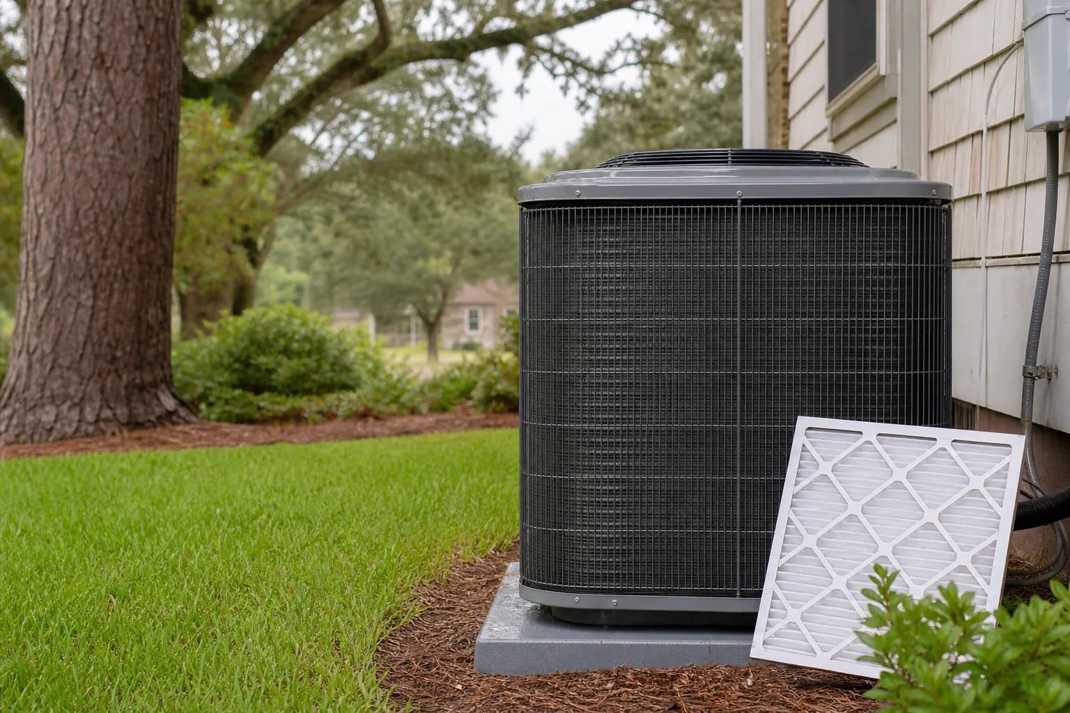 Air Solutions technician tuning up a residential AC condenser at a Daphne, Alabama home, illustrating "MERV Ratings, HEPA Filters, and What Actually Works in Gulf Humidity"