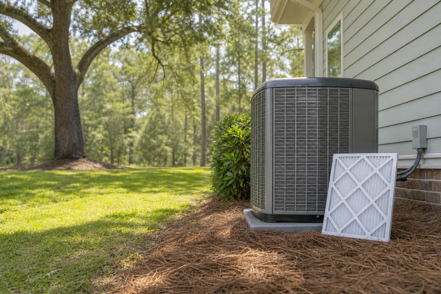Air Solutions technician tuning up a residential AC condenser at a Bay Minette, Alabama home, illustrating "Mid-Summer AC Tune-Up: Why a 30-Minute Visit Matters"