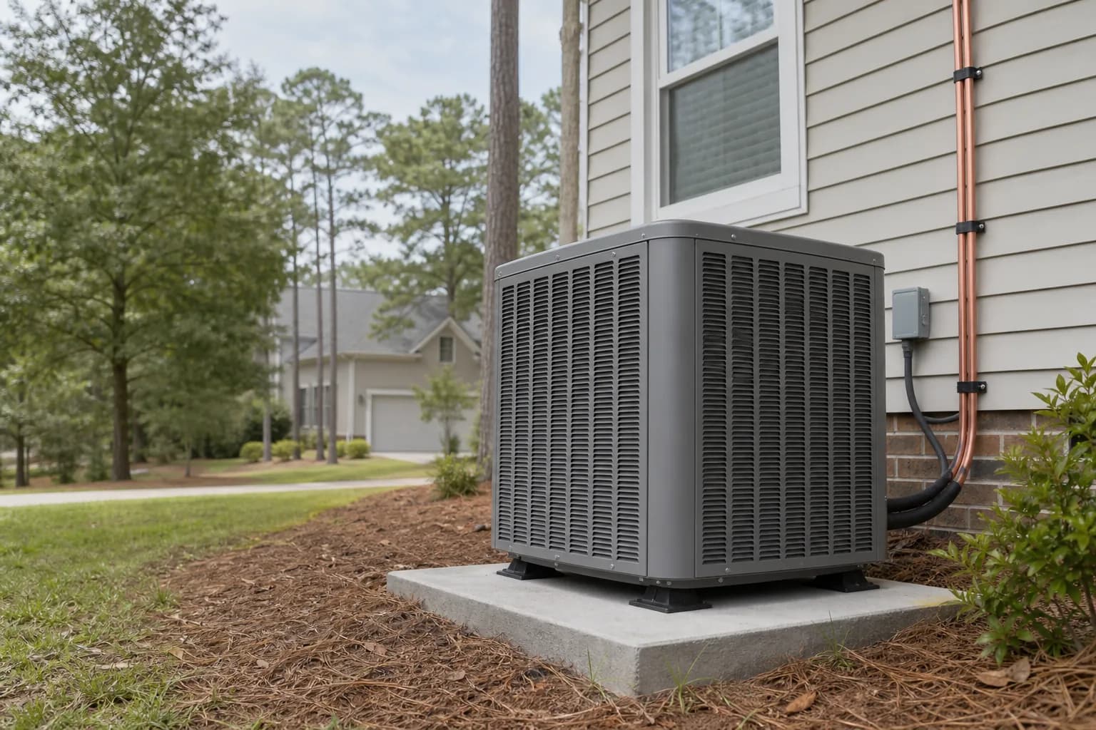 Air Solutions technician setting a new outdoor AC condenser on its pad at a Daphne, Alabama home, illustrating "Mini-Split (Ductless) AC Systems: When They Make Sense in Baldwin County"