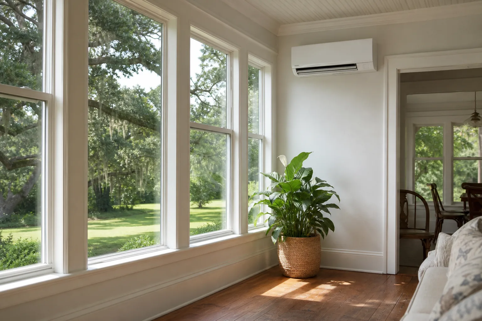 Air Solutions technician fitting a wall-mounted ductless mini-split head at a Foley, Alabama home, illustrating "Mini-Split Zoning Bonus Rooms and Garages"