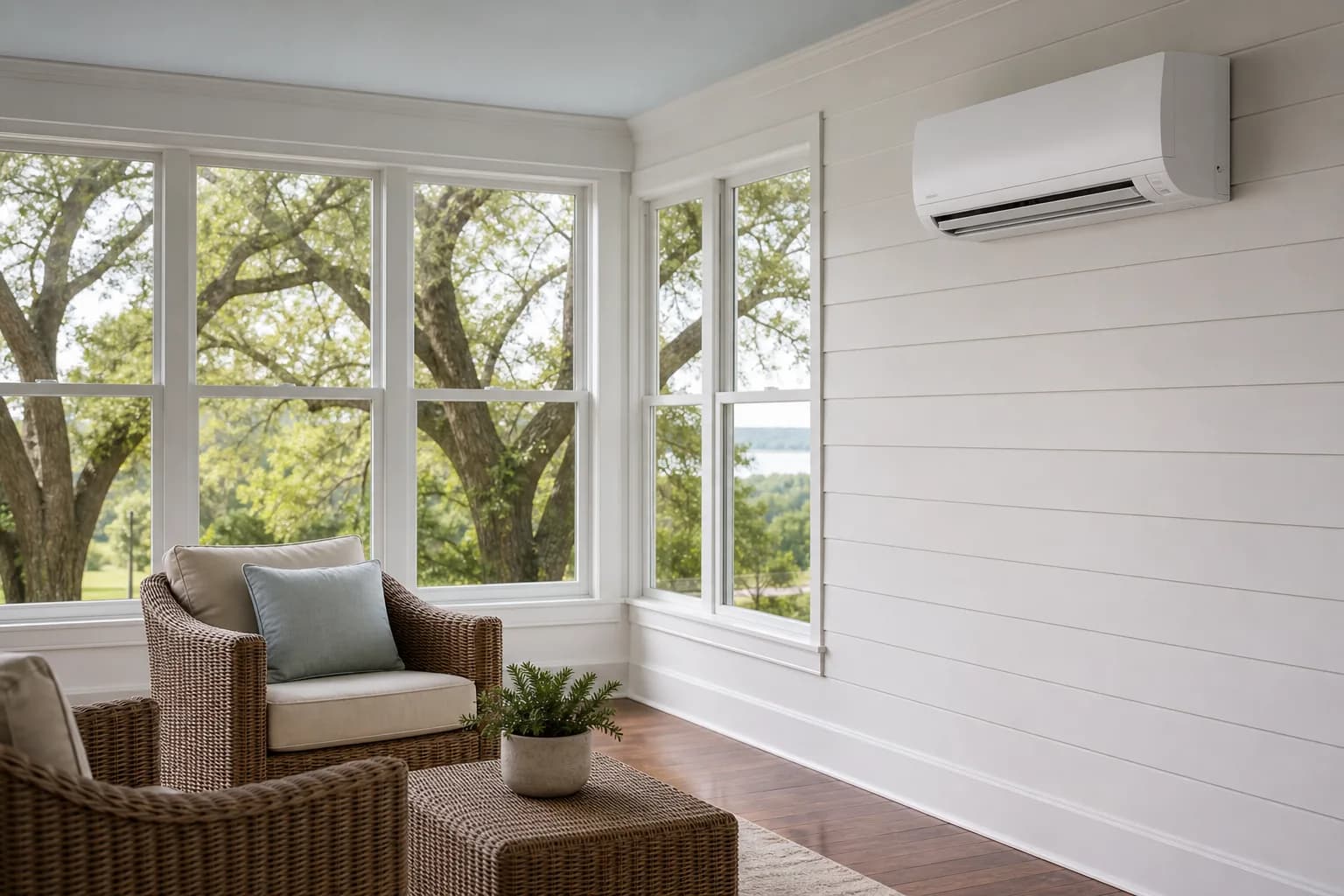 Air Solutions technician fitting a wall-mounted ductless mini-split head at a Bay Minette, Alabama home, illustrating "Mini-Splits Shops, Additions, and Acreage Homes"