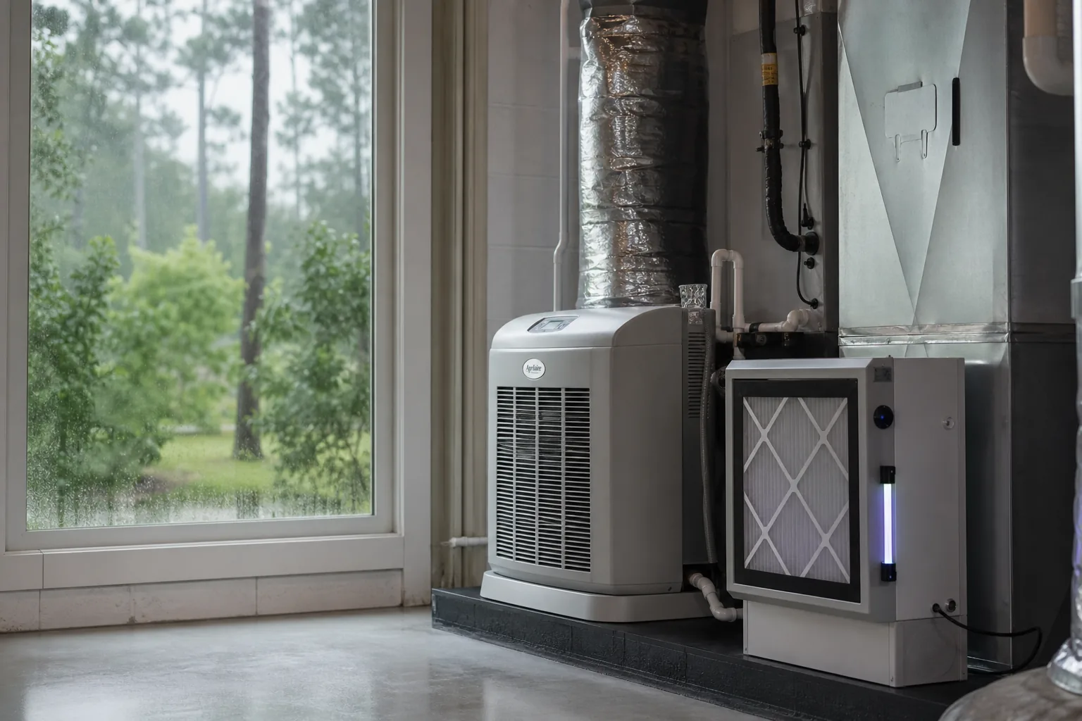 Air Solutions technician installing whole-home air-quality equipment on an air handler at a Daphne, Alabama home, illustrating "Mold Prevention Starts With Your HVAC in Baldwin County"