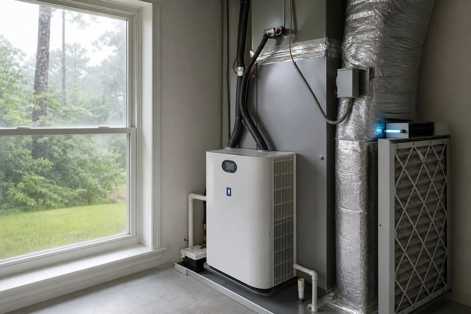 Air Solutions technician installing whole-home air-quality equipment on an air handler at a Daphne, Alabama home, illustrating "Why Your HVAC Smells Musty Across Baldwin County"
