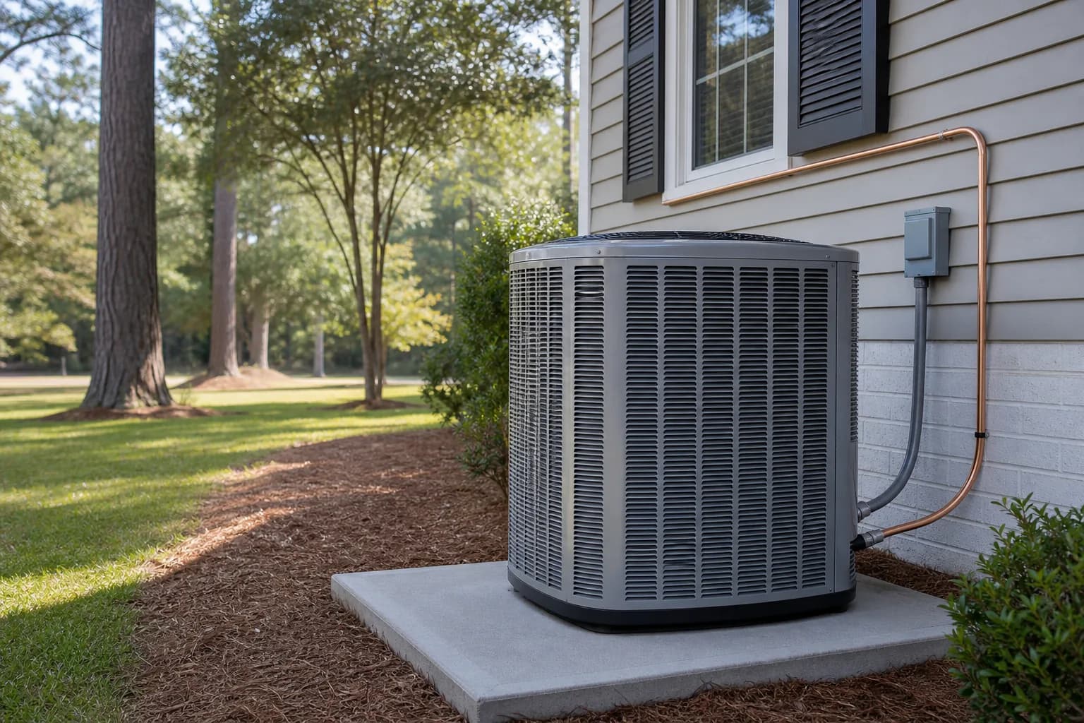 Air Solutions technician setting a new outdoor AC condenser on its pad at a Daphne, Alabama home, illustrating "New Construction in Baldwin County: How to Avoid the Builder-Grade HVAC Trap"