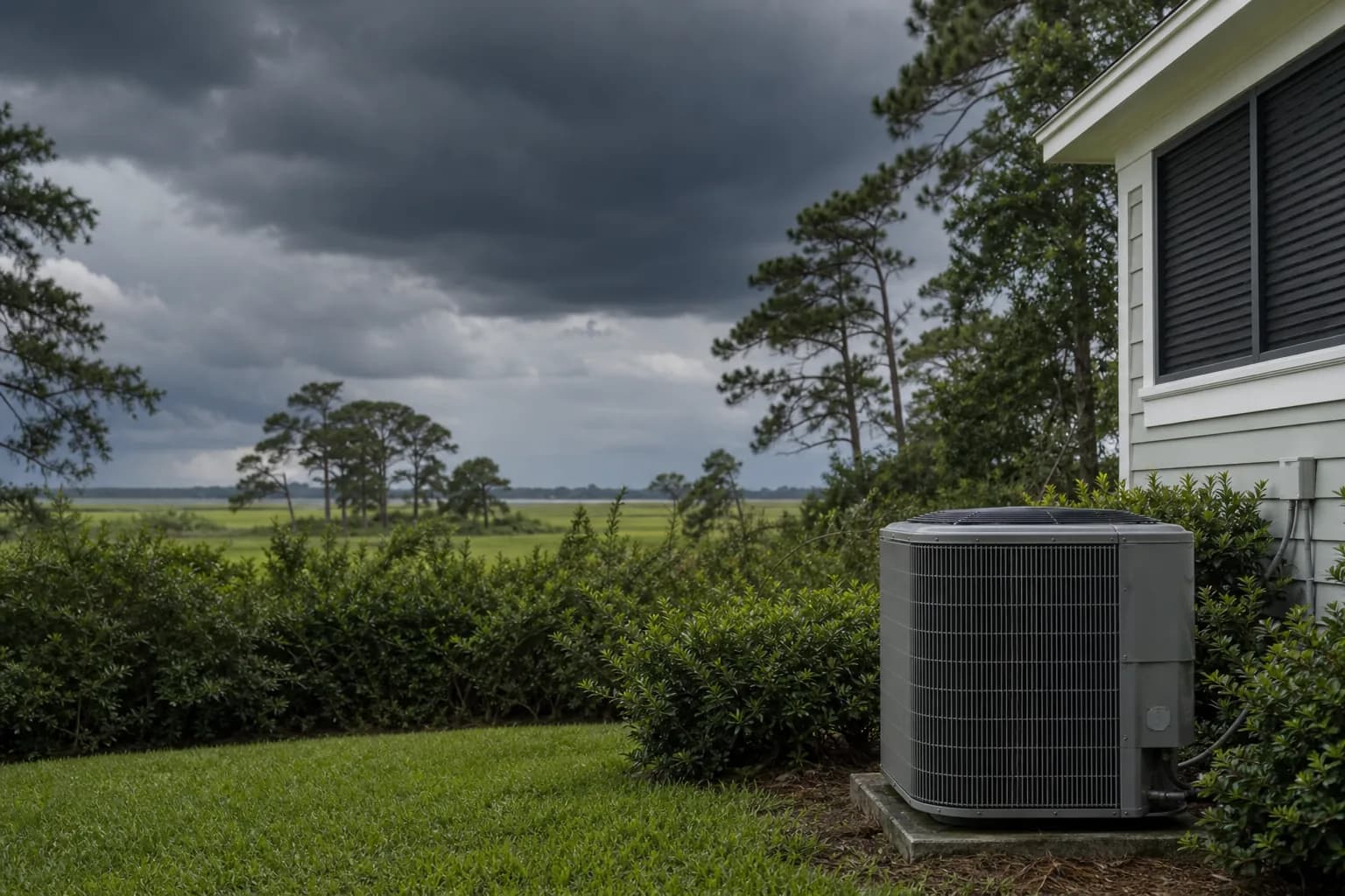 Air Solutions technician responding to an after-hours HVAC failure at a Point Clear, Alabama home, illustrating "No-Cool Emergencies Homeowners: What to Do First"