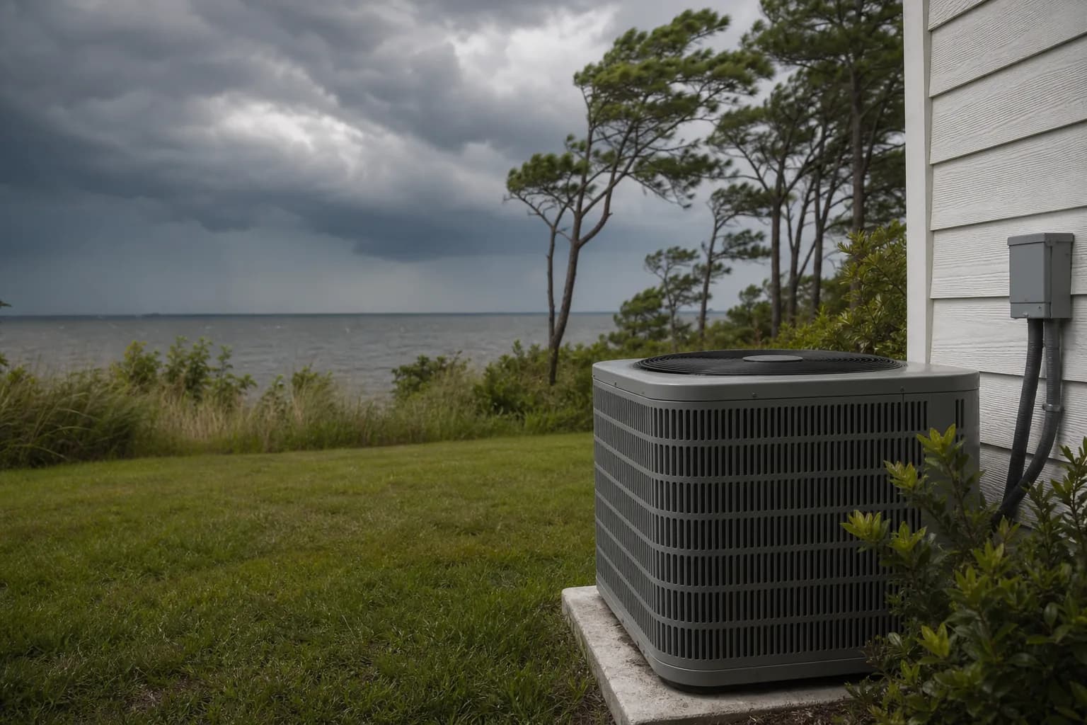 Air Solutions technician responding to an after-hours HVAC failure at a Foley, Alabama home, illustrating "Post-Storm AC Restart: A Safe Power-Back-On Sequence"