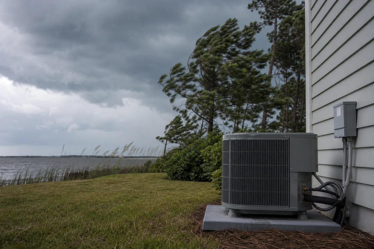Air Solutions technician responding to an after-hours HVAC failure at a Gulf Shores, Alabama home, illustrating "Post-Storm AC Restart: Look Before You Flip the Switch"