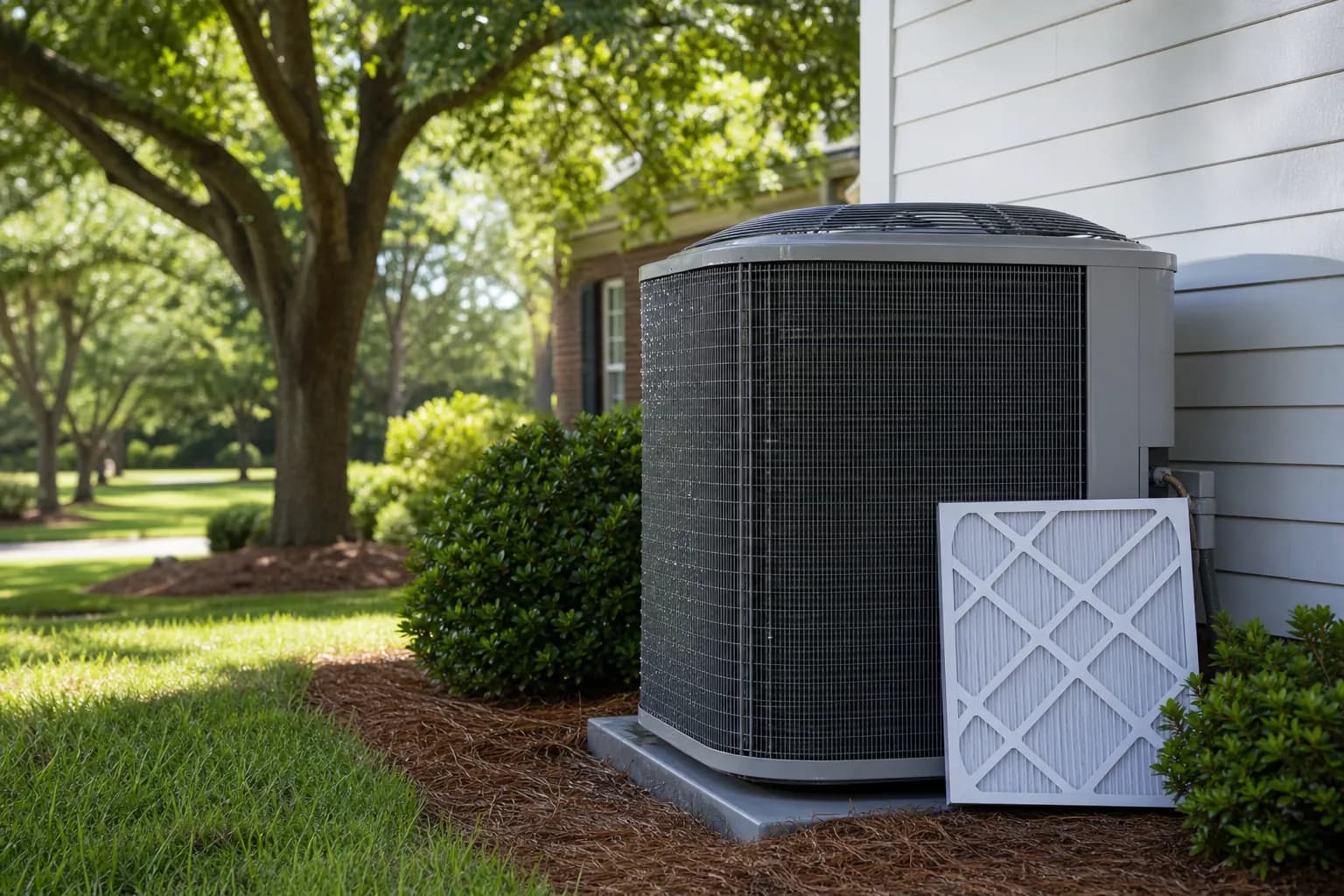 Air Solutions technician tuning up a residential AC condenser at a Daphne, Alabama home, illustrating "Pre-Cooling Your Eastern Shore Home Before the Afternoon Heat Peak"