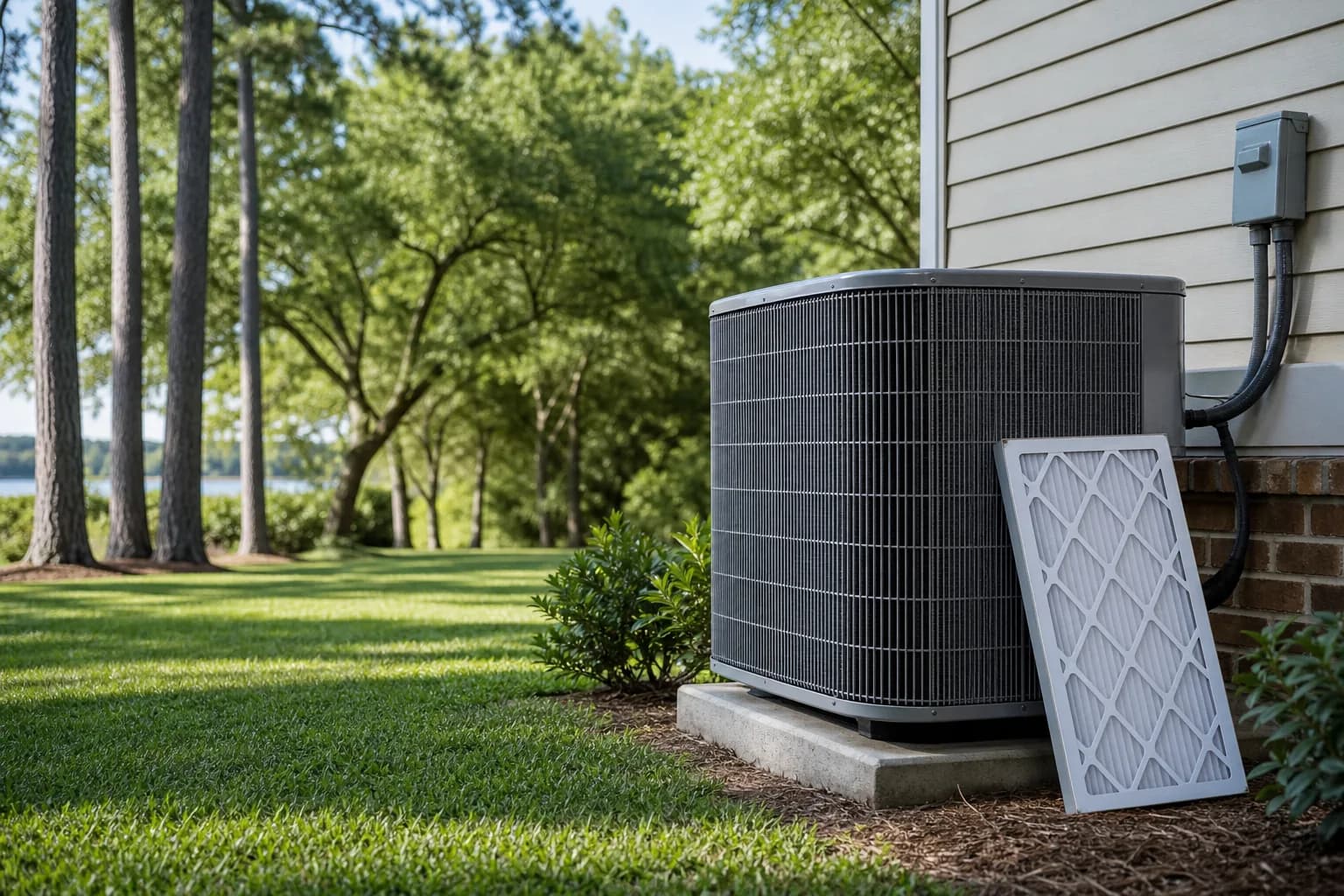 Air Solutions technician tuning up a residential AC condenser at a Spanish Fort, Alabama home, illustrating "Pre-Summer AC Inspection: A Homeowner's Pre-Heat-Wave Punch List"
