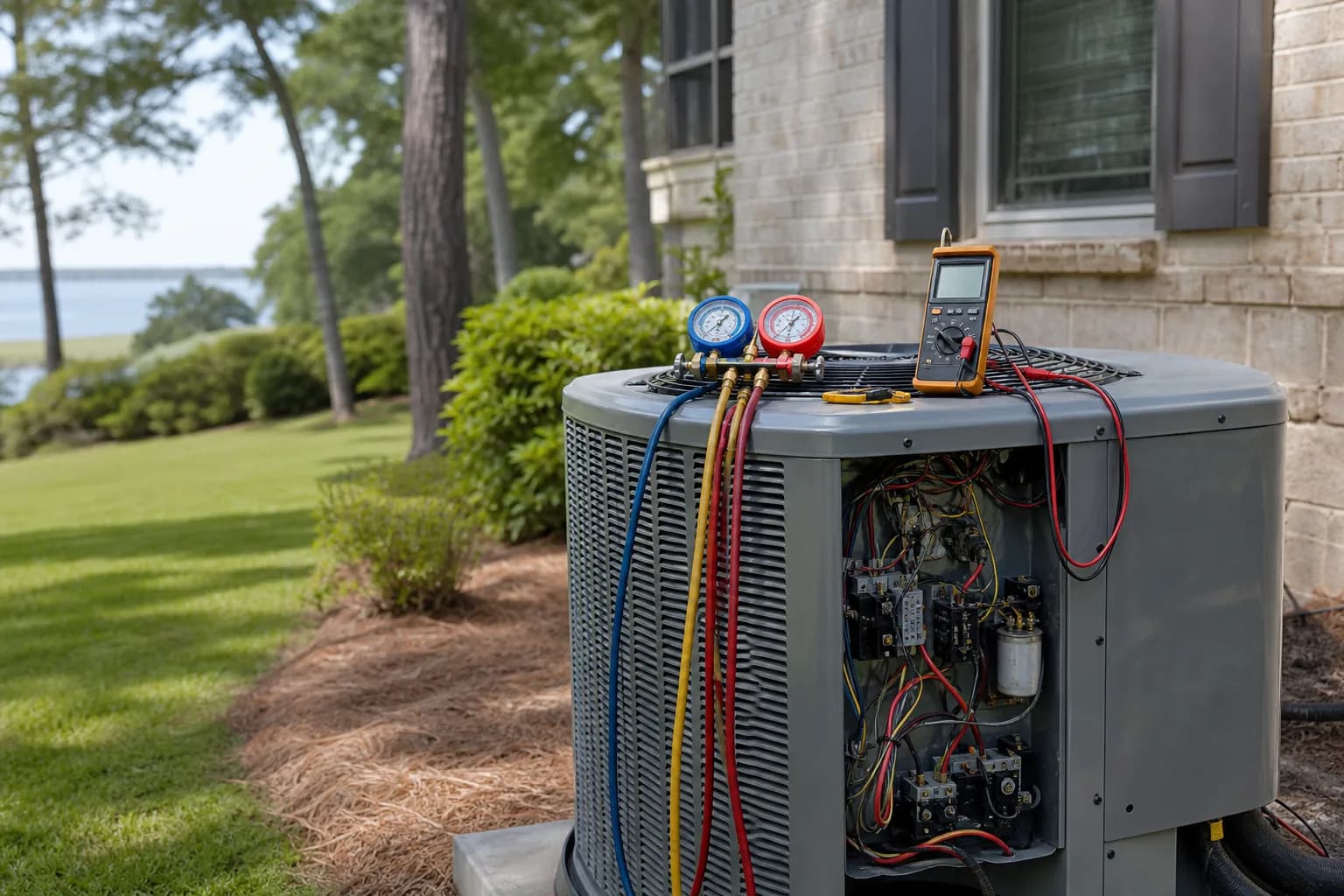 Air Solutions technician diagnosing a residential air-conditioning condenser at a Daphne, Alabama home, illustrating "The R-410A to R-32 Refrigerant Transition: What It Means for Your Wallet"