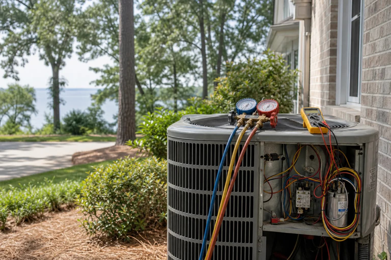 Air Solutions technician diagnosing a residential air-conditioning condenser at a Fairhope, Alabama home, illustrating "Refrigerant Leak Repair: Why Top-Offs Don't Solve It"