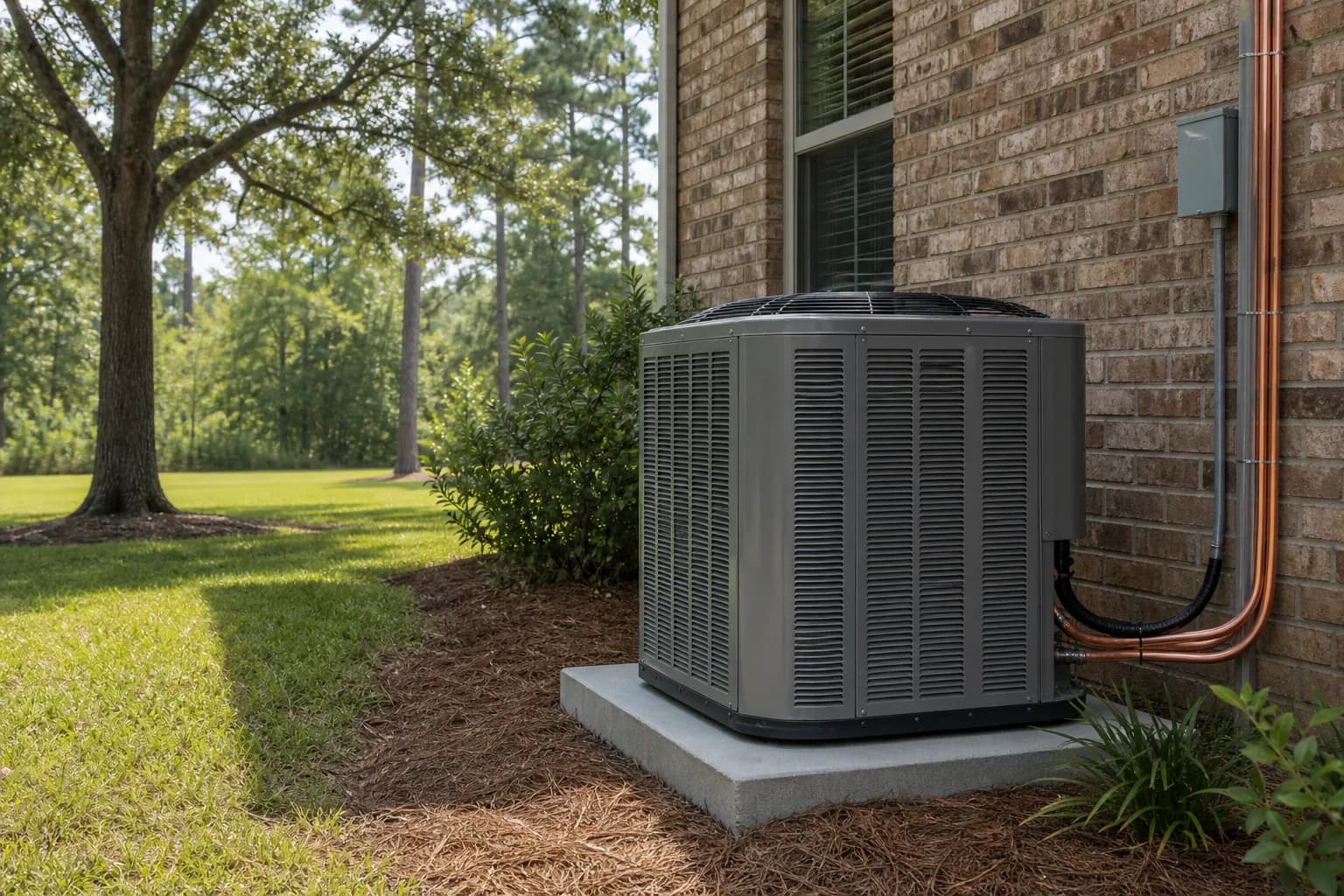 Air Solutions technician setting a new outdoor AC condenser on its pad at a Foley, Alabama home, illustrating "Repair or Replace Your AC? An Honest Decision Framework"