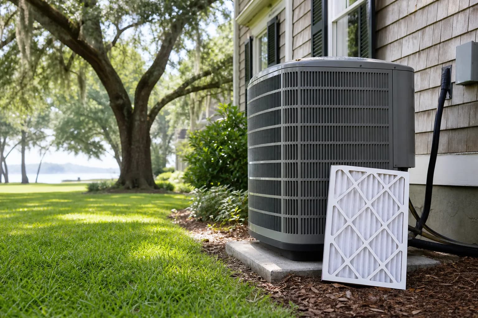 Outdoor condenser unit being installed beside a two-story Spanish Fort home on a humid summer afternoon