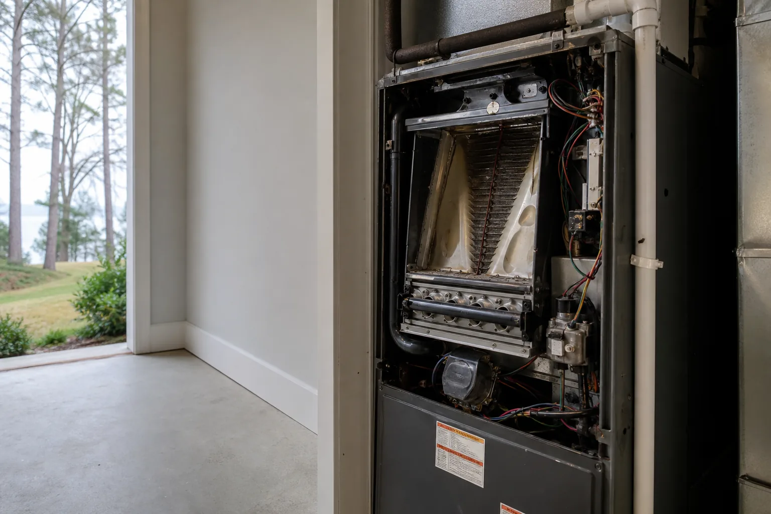Air Solutions technician inspecting an open residential gas furnace at a Rosinton, Alabama home, illustrating "Rur Heating Repair Between Robertsdale and Foley: A Guide"