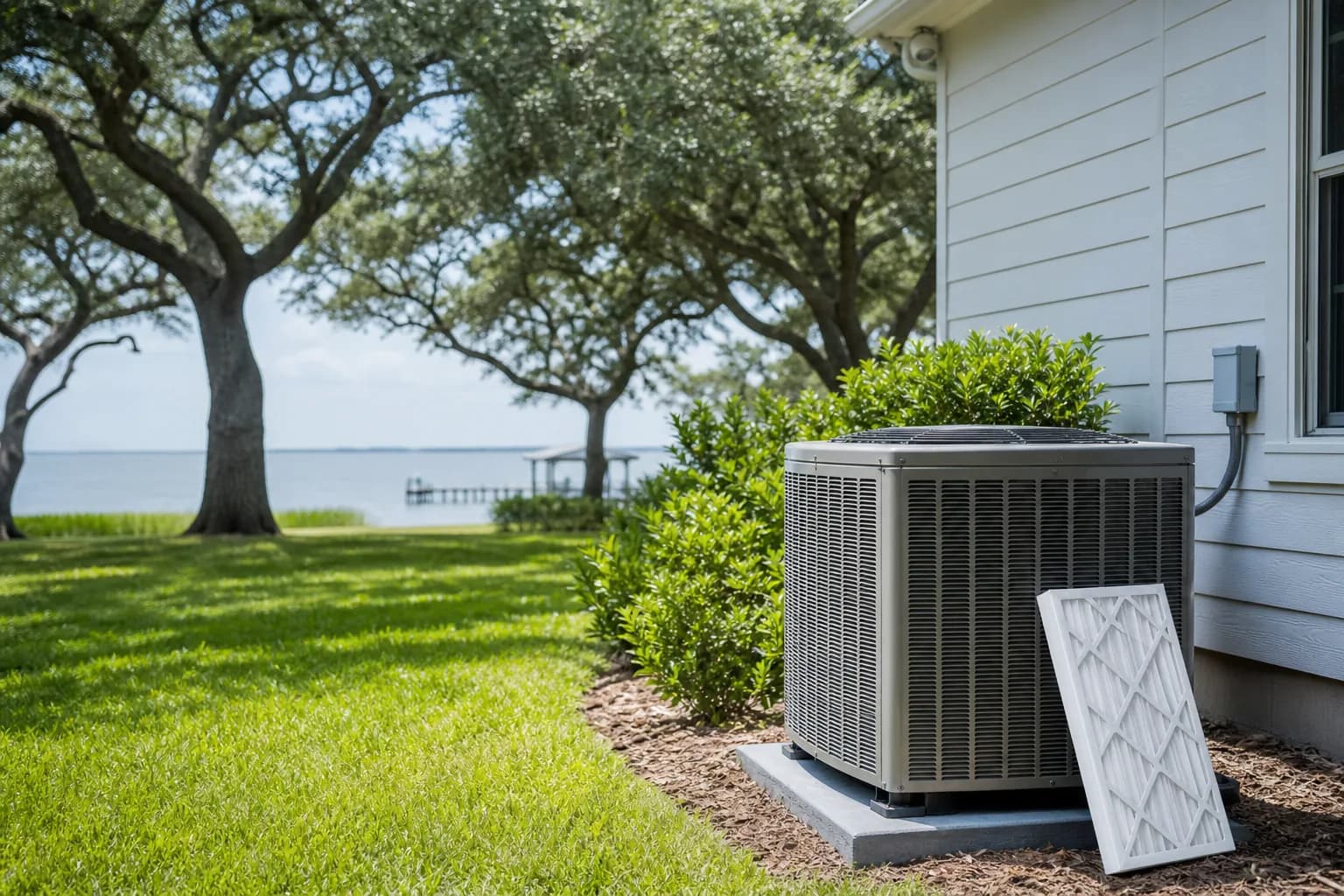 Outdoor AC condenser unit beside a Spanish Fort home with Mobile Bay visible in the distance through pine trees.