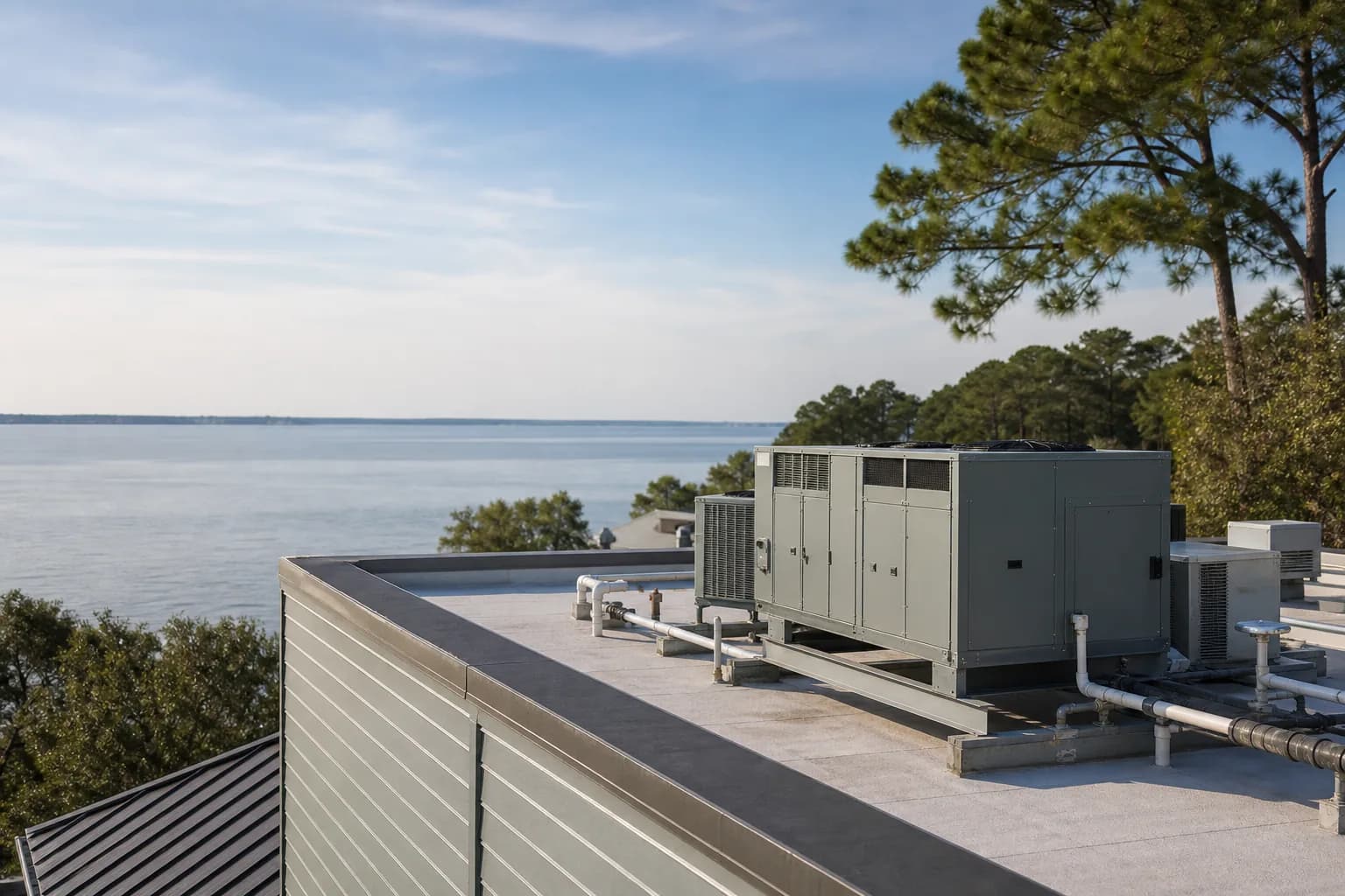 Air Solutions technician servicing rooftop commercial HVAC package units at a Daphne, Alabama home, illustrating "Section 179 HVAC Deduction Guide for Baldwin County Businesses"