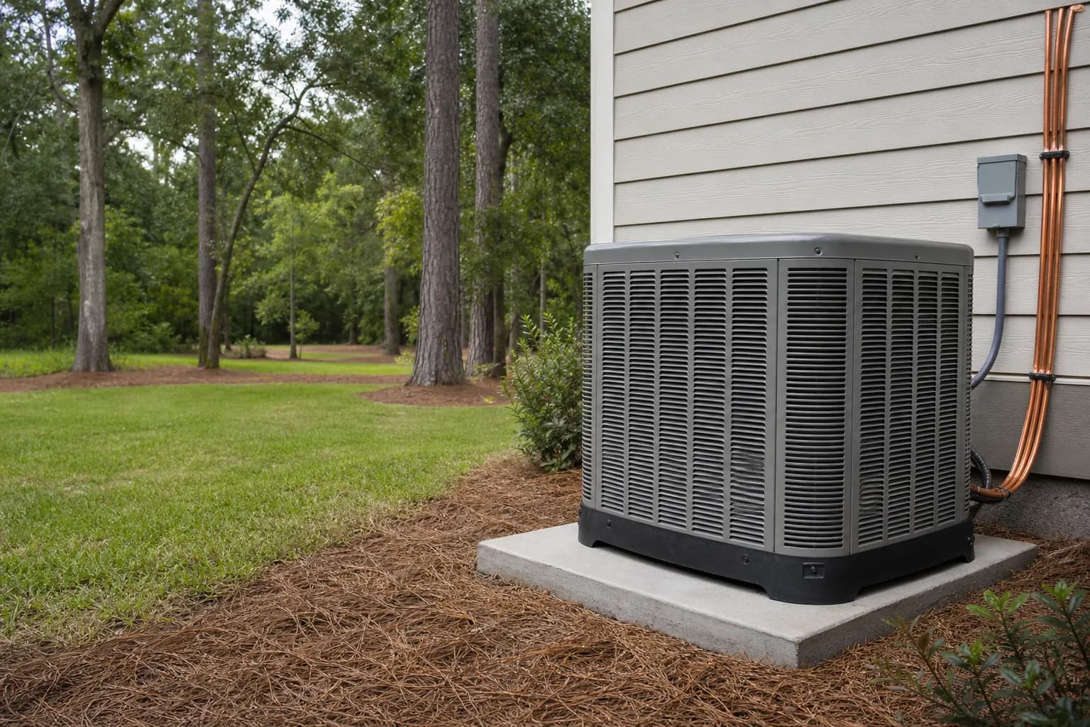 Air Solutions technician setting a new outdoor AC condenser on its pad at a Daphne, Alabama home, illustrating "SEER2 Ratings Explained for Baldwin County Homeowners"