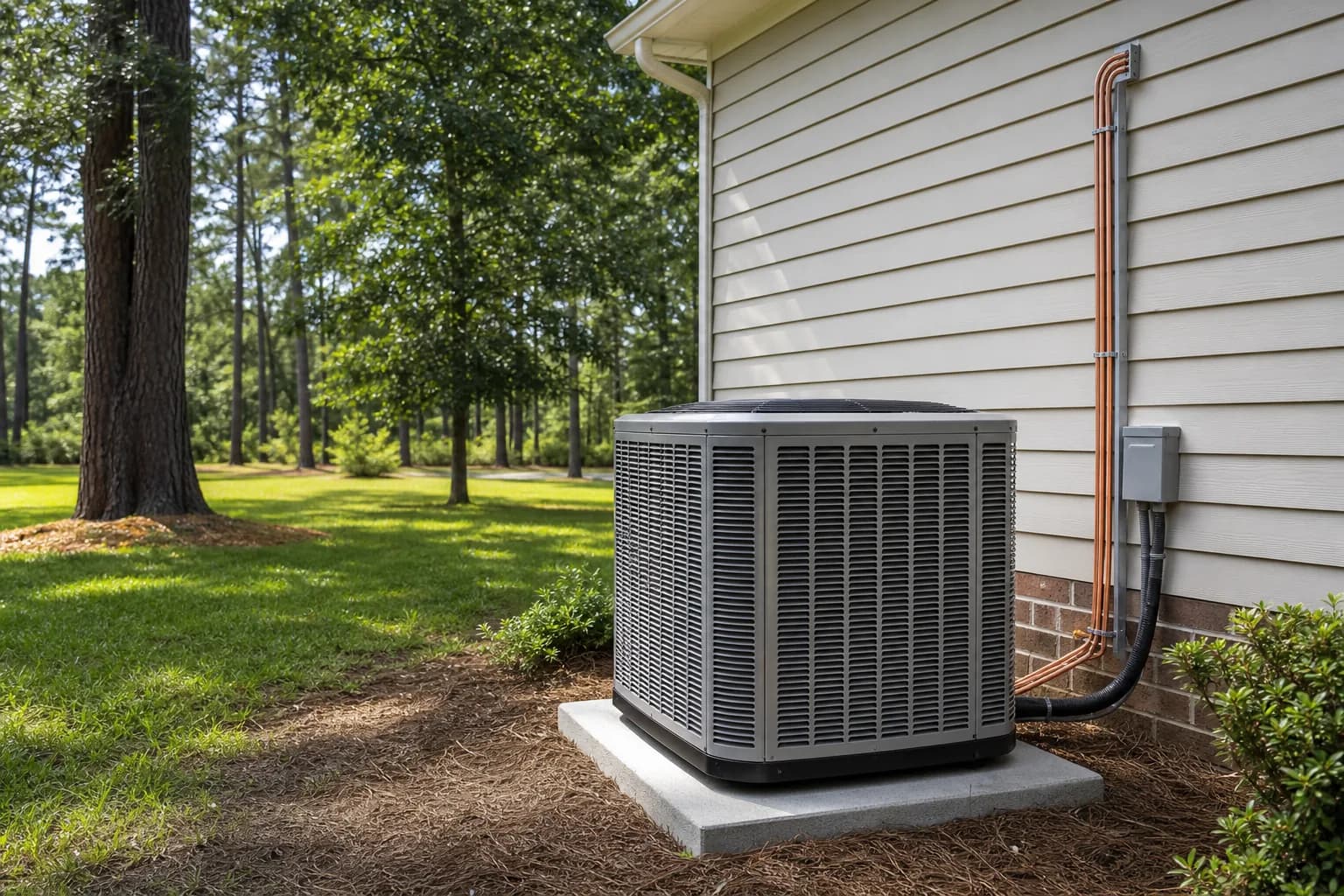 Air Solutions technician setting a new outdoor AC condenser on its pad at a Elberta, Alabama home, illustrating "SEER2 Ratings Homeowners: What's Worth Paying"