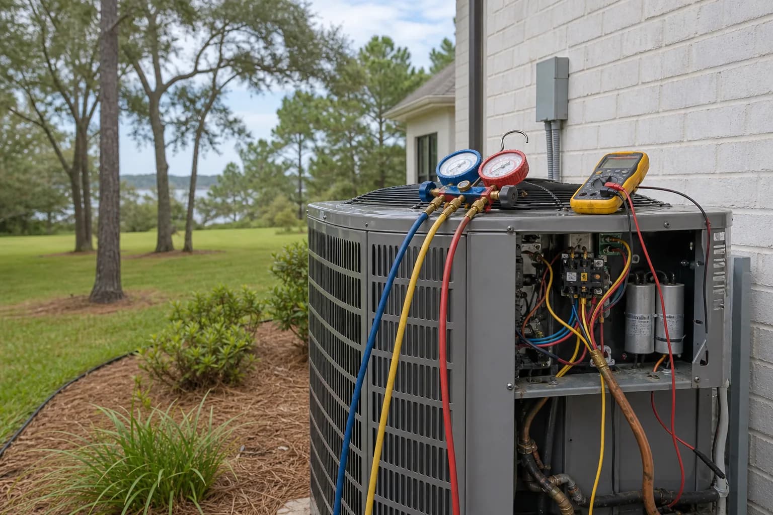Air Solutions technician diagnosing a residential air-conditioning condenser at a Daphne, Alabama home, illustrating "Selling Your Baldwin County Home? The HVAC Pre-Sale Checklist"