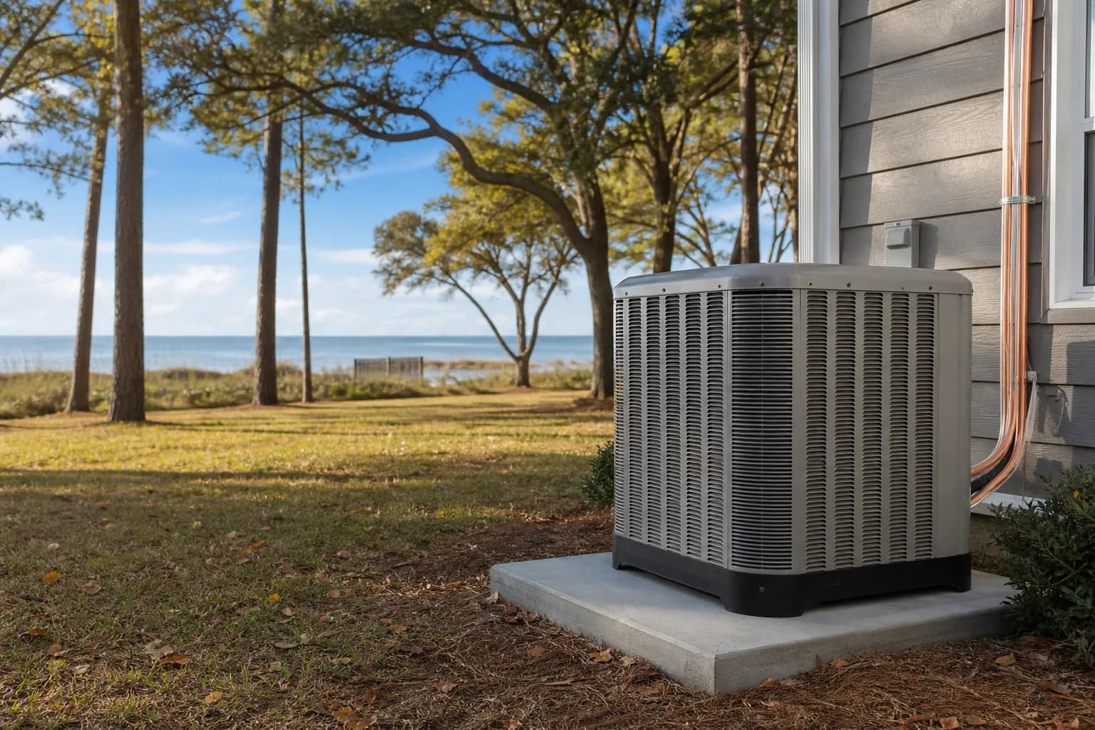Air Solutions technician setting a new outdoor AC condenser on its pad at a Gulf Shores, Alabama home, illustrating "Selling a Home This Fall? Handle the HVAC Before the Sign Goes Up"