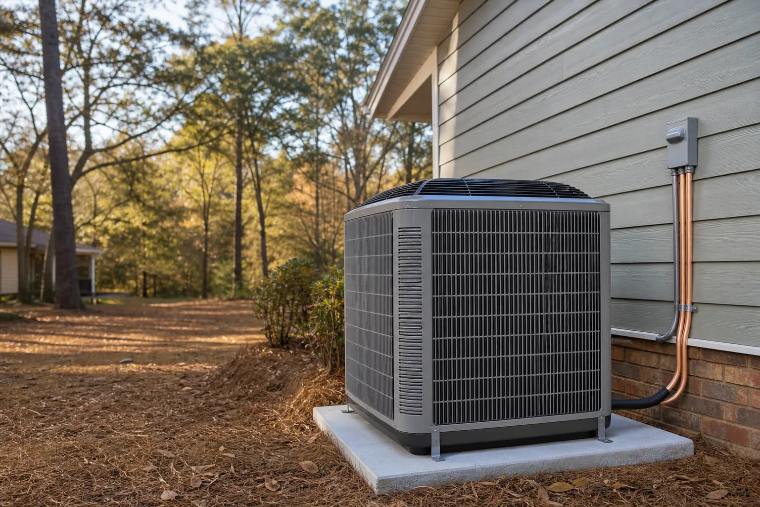 Air Solutions technician setting a new outdoor AC condenser on its pad at a Spanish Fort, Alabama home, illustrating "Getting a Home Listing-Ready: The HVAC Checklist for Fall Sellers"