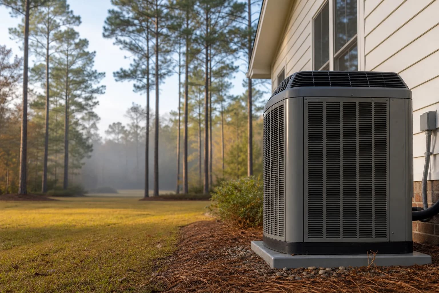 Air Solutions technician servicing an outdoor heat-pump unit at a Fairhope, Alabama home, illustrating "Should You Upgrade to a Heat Pump This Year?"