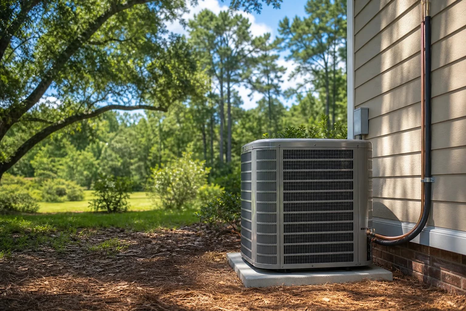 Air Solutions technician setting a new outdoor AC condenser on its pad at a Spanish Fort, Alabama home, illustrating "Signs Your AC Is Undersized for a Gulf-Coast Summer"