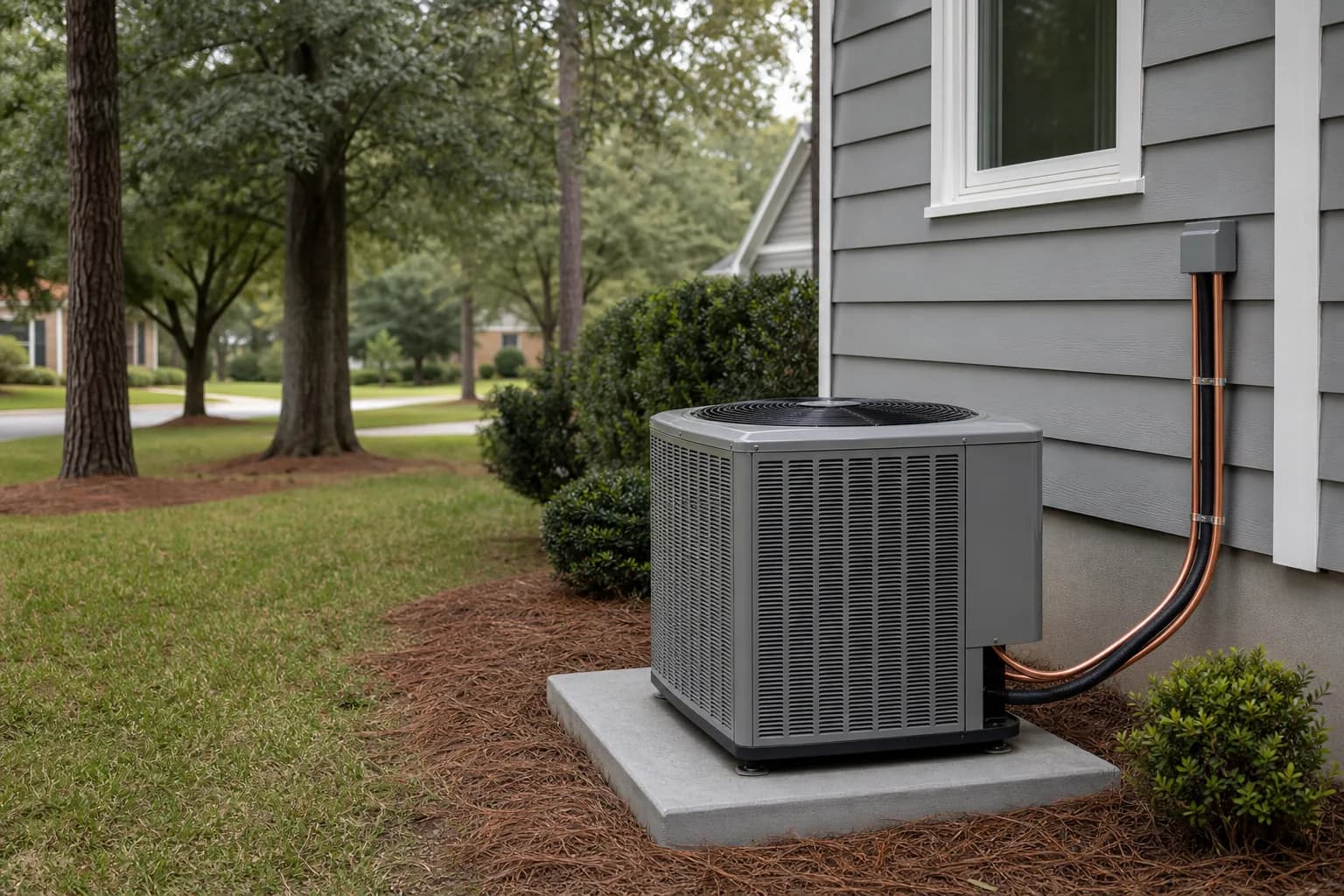Air Solutions technician setting a new outdoor AC condenser on its pad at a Daphne, Alabama home, illustrating "Smart Thermostat Buying Guide for Gulf Coast Homes"