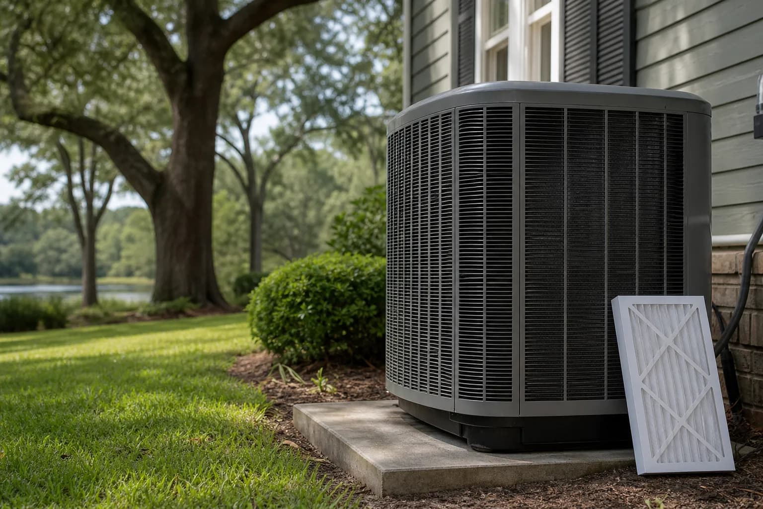 Air Solutions technician tuning up a residential AC condenser at a Daphne, Alabama home, illustrating "Choosing a Smart Thermostat for Baldwin County Humidity"