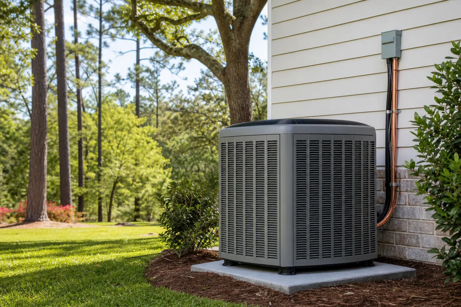 Air Solutions technician setting a new outdoor AC condenser on its pad at a Robertsdale, Alabama home, illustrating "Spring AC Replacement: Why Now Beats July"