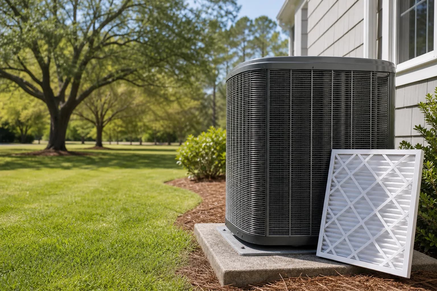 An Air Solutions technician checking refrigerant pressures on an outdoor condenser at a Spanish Fort home on a clear spring morning.