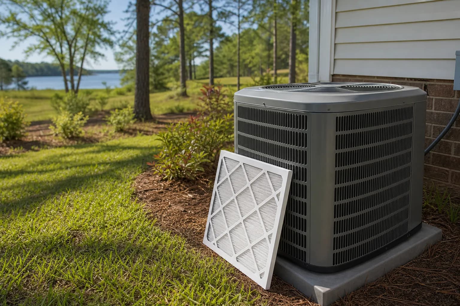 Air Solutions technician tuning up a residential AC condenser at a Foley, Alabama home, illustrating "Spring Filter Change Schedule Homes: Pollen-Aware Edition"