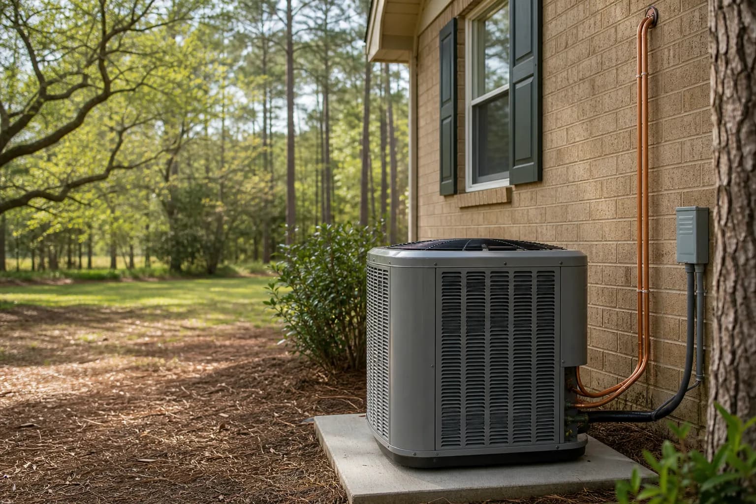 Air Solutions technician setting a new outdoor AC condenser on its pad at a Lillian, Alabama home, illustrating "Spring House Hunting: HVAC Red Flags Buyers Miss"