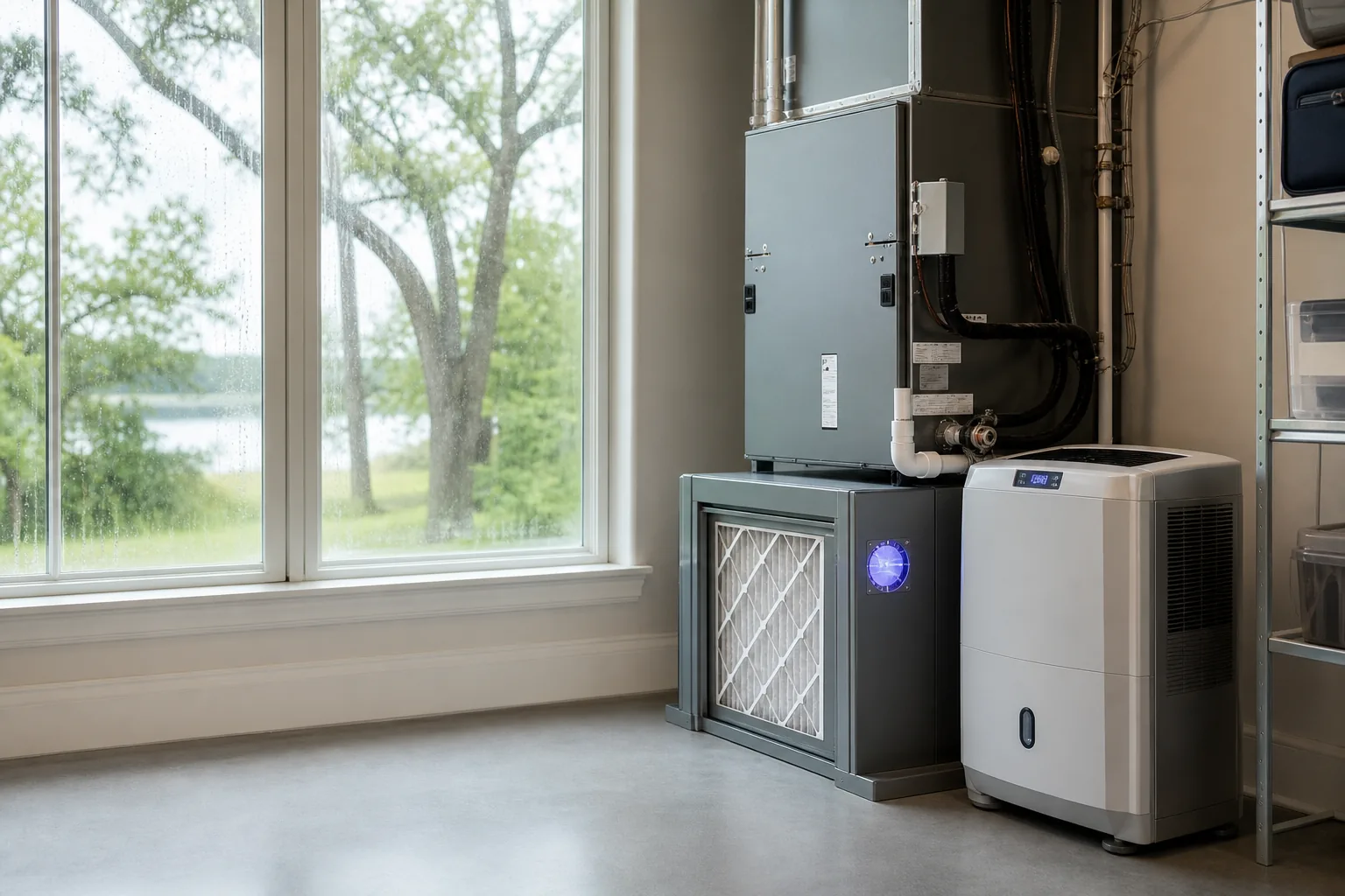 Air Solutions technician installing whole-home air-quality equipment on an air handler at a Fairhope, Alabama home, illustrating "Spring Pollen + Your HVAC: April Action List for Allergy Sufferers"