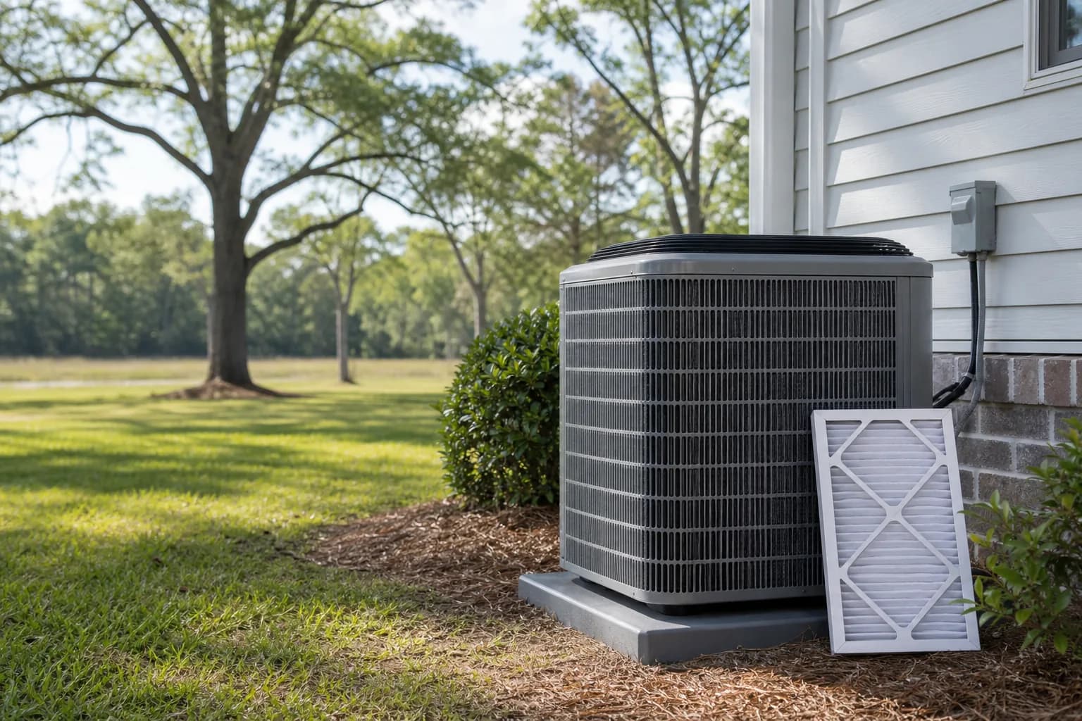 Air Solutions technician tuning up a residential AC condenser at a Robertsdale, Alabama home, illustrating "Spring Refrigerant Top-Off: Why Your AC Probably Doesn't Need It"