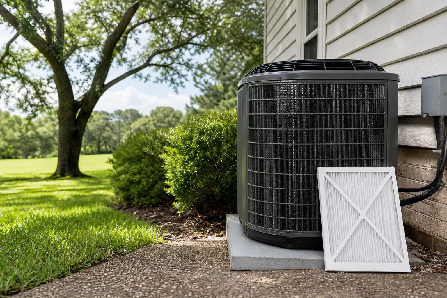 Air Solutions technician tuning up a residential AC condenser at a Daphne, Alabama home, illustrating "Surviving Baldwin County's Worst Heat: How Your AC Handles 95°+ and Humidity"