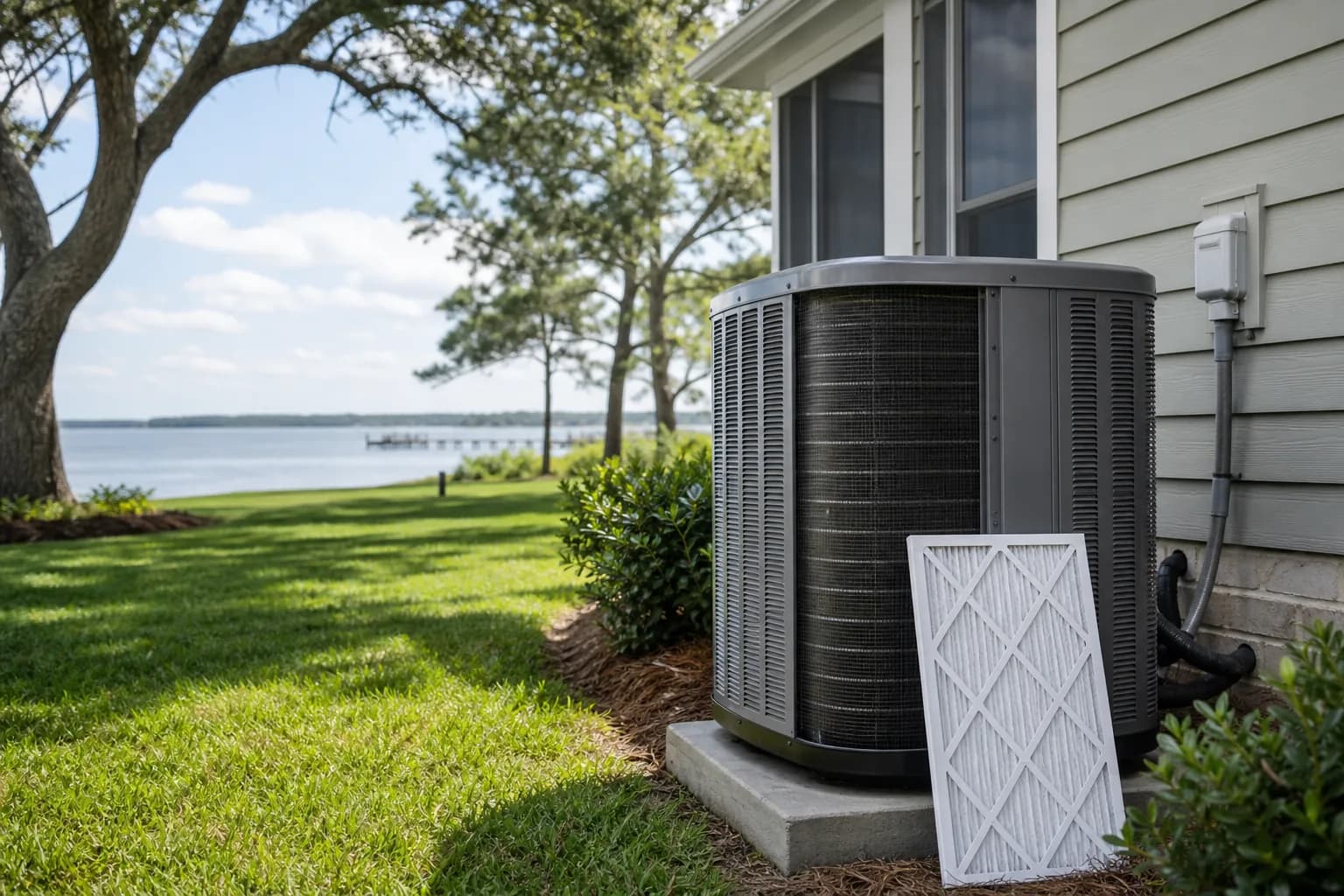 Air Solutions technician tuning up a residential AC condenser at a Daphne, Alabama home, illustrating "The Coast HVAC Longevity Guide: Salt Air, Corrosion, and Equipment Life in Baldwin County"