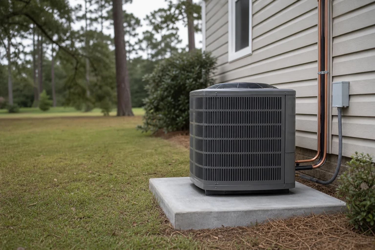 Air Solutions technician setting a new outdoor AC condenser on its pad at a Daphne, Alabama home, illustrating "UV Light Air Purifiers and Coil Sterilization: Worth the Money or Marketing?"