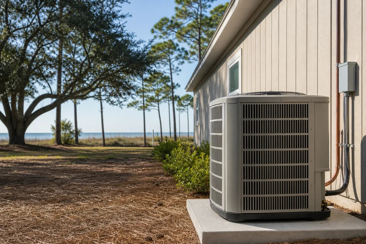 Air Solutions technician setting a new outdoor AC condenser on its pad at a Gulf Shores, Alabama home, illustrating "AC Sizing for Vacation Rentals: Why Bigger Costs You Money"