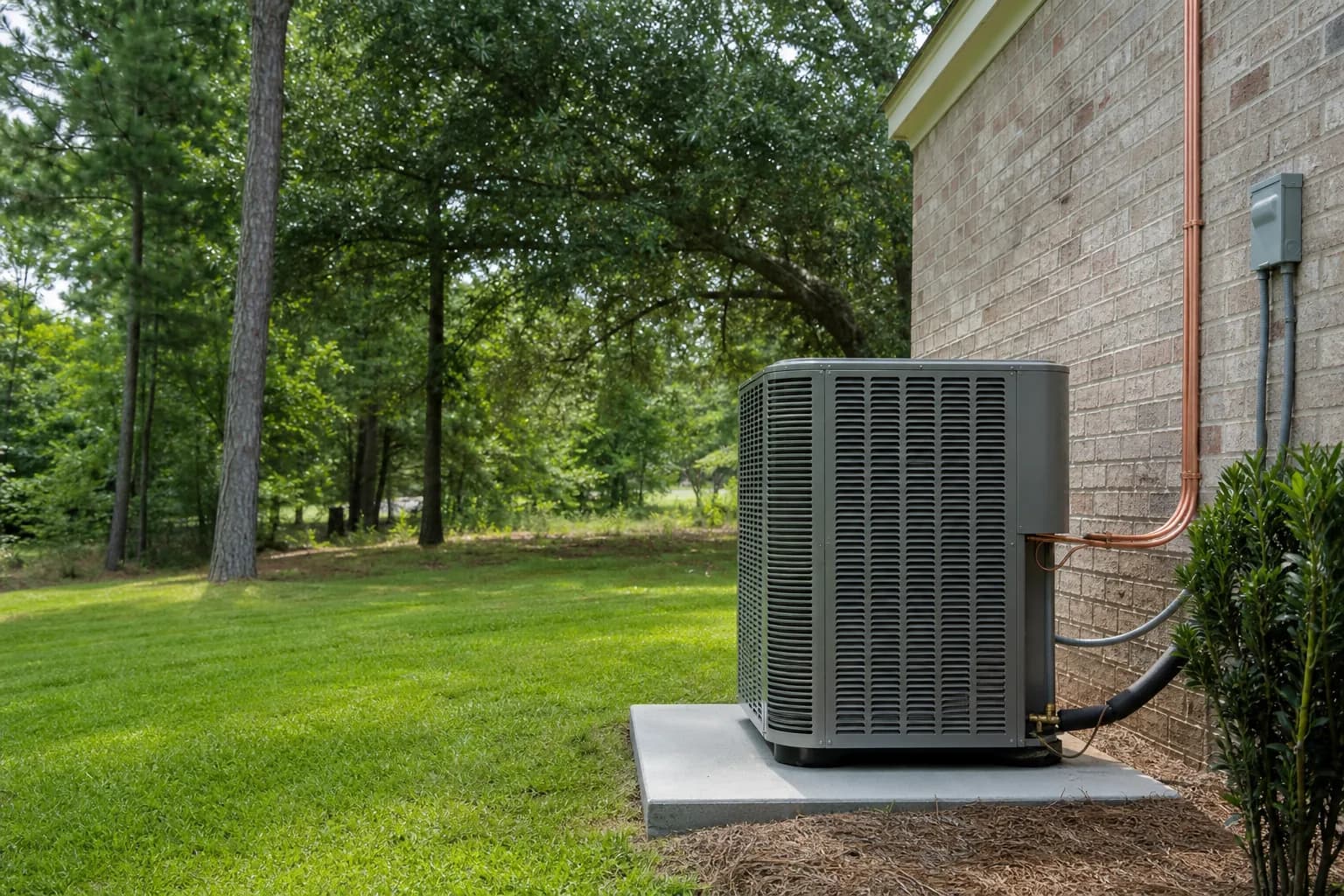 Air Solutions technician setting a new outdoor AC condenser on its pad at a Summerdale, Alabama home, illustrating "Variable-Speed AC Summers: Math vs Marketing"