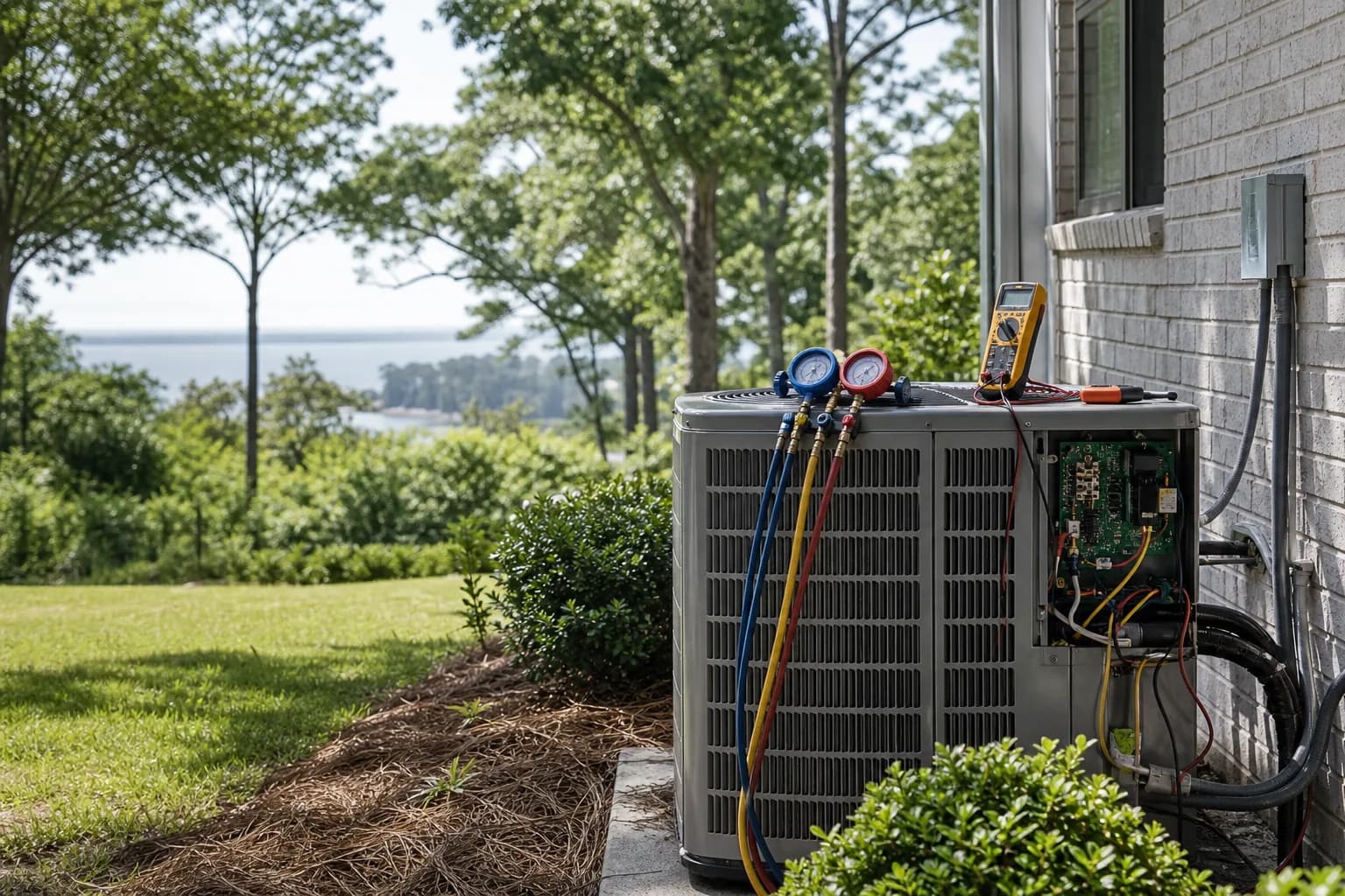 Air Solutions technician diagnosing a residential air-conditioning condenser at a Fairhope, Alabama home, illustrating "Water Around Your Air Handler: Clogged Drain or Worse?"