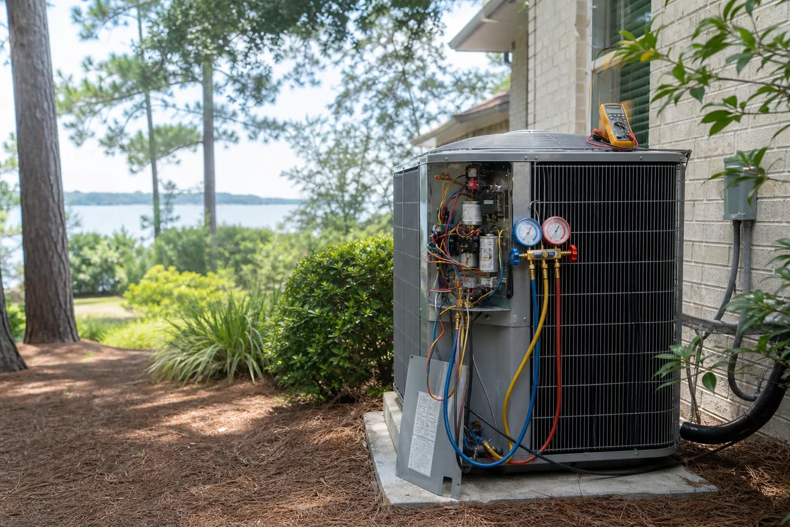 Air Solutions technician diagnosing a residential air-conditioning condenser at a Daphne, Alabama home, illustrating "Weak AC Airflow: Filter, Duct, or Blower? Diagnose It Yourself"