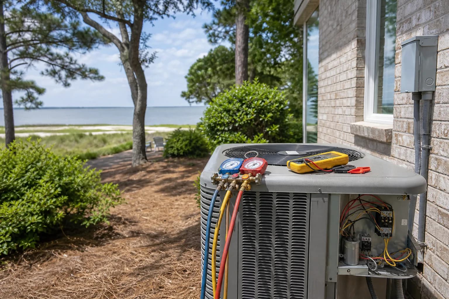 Air Solutions technician diagnosing a residential air-conditioning condenser at a Gulf Shores, Alabama home, illustrating "Weak AC Airflow: Filter, Duct, or Blower? Diagnose Yourself"