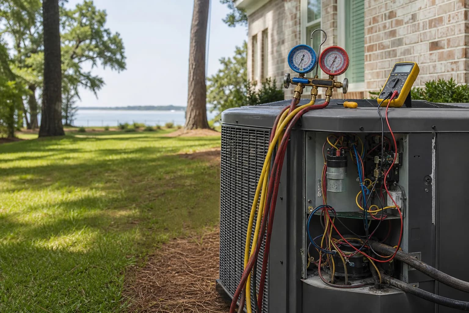 Air Solutions technician diagnosing a residential air-conditioning condenser at a Fairhope, Alabama home, illustrating "What a Power Outage and Sudden Restoration Does to Your AC"