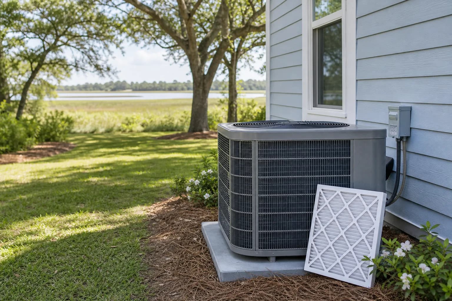 Air Solutions technician tuning up a residential AC condenser at a Stockton, Alabama home, illustrating "What a Re AC Tune-Up Includes (Not Just Gauge-and-Go)"