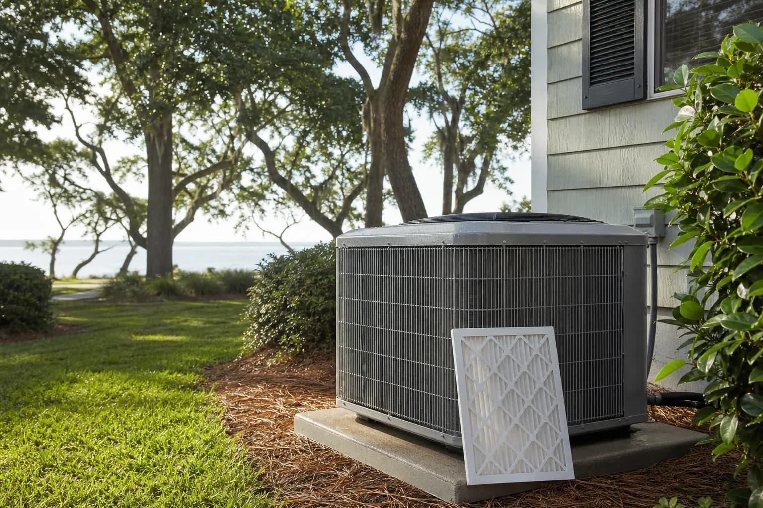 Outdoor AC condenser unit beside a Spanish Fort home with a technician's ear close to the cabinet listening for unusual sounds.
