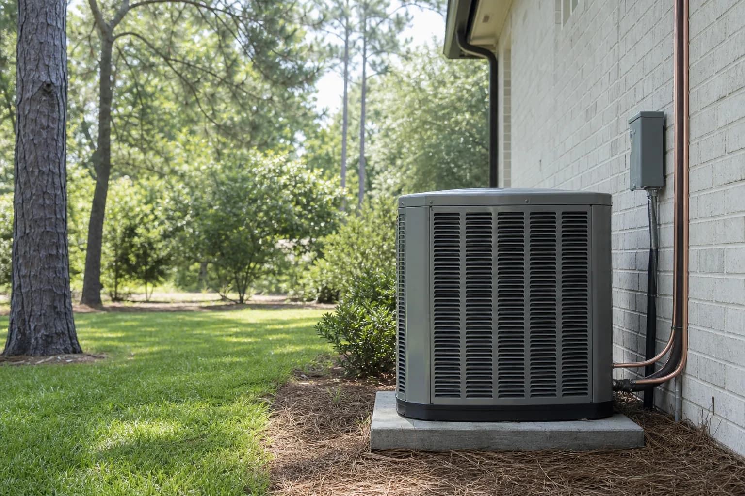 Outdoor AC condenser installed on a concrete pad beside a Spanish Fort home on Alabama's Eastern Shore